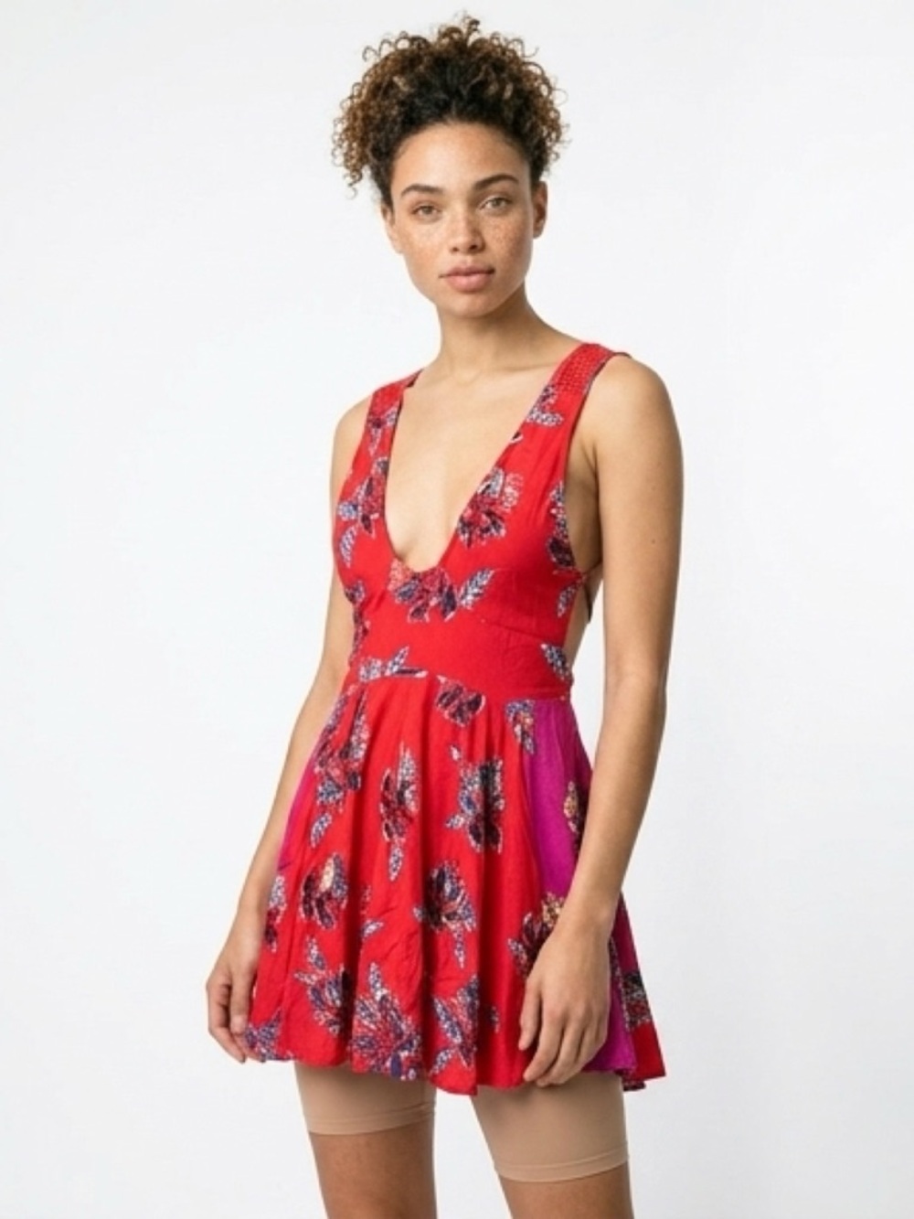 Free‎ People Red & Magenta Floral Plunging Skater Mini Dress
